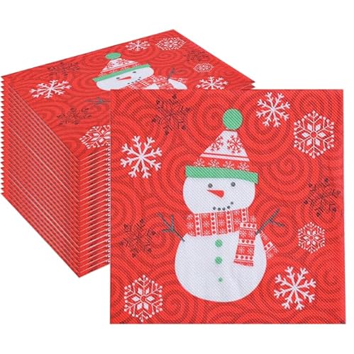 Servietten Weihnachten, 80 Stück Rot Weihnachtsservietten Winter Christmas Napkins 6.5 x 6.5 Zoll Vintage Papierservietten für Weihnachtstisch Dekoration, Holidays, Party (Schneemann) von YUSHWENPTY