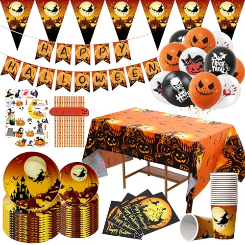 YUTUY Halloween Tableware Set,Halloween Party Tableware Set for 25 Guests,Plates,Banner,Tablecloth,Balloons,Hanging Swirls,Halloween Decoration,Horror Christmas Party,Other Theme Parties von YUTUY