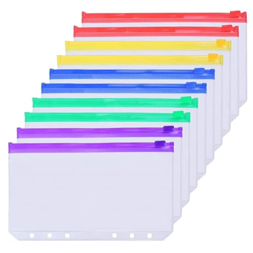 YUUSIKCO 10 Stück 6 Löcher Binder, A5 Binder Taschen,locher für ordnerReißverschluss Ordner, Transparente Budget Planner, für Dokumente Notizbücher Ringordner(5 Farben) von YUUSIKCO