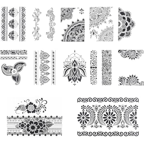 Mandala Schablone Set,12 Stücks Blume Grenze Schablonen Wandschablone Schablonen Wandgestaltung Schablonen Blumen Schablonen Vintage Schablonen Malen Stencil Schablonen für Wand Leinwand MöBel von YUWJOOWEE