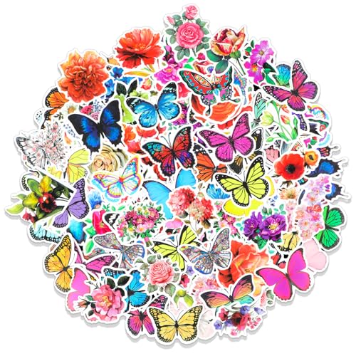 YUXIANLB 100 Stück Wasserdichte Vinyl Aufkleber mit Blumen Schmetterlingsmuster für Erwachsene Frauen Teenager Mädchen Kinder Selbstklebende Wasserflaschen Laptops Scrapbooking Tagebücher Gepäck DIY von YUXIANLB