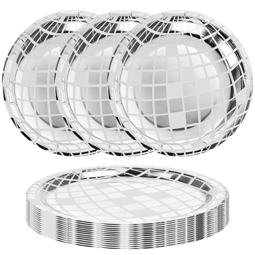 YUXIANLB 25 Stück Geburtstagsteller Pappteller Silber, Rund Partyteller Dessertteller Partygeschirr Für Geburtstagsfeier 70er Jahre Disco Neon Party Dekorationen Supplies Hochzeit Paper Plates, 23CM von YUXIANLB