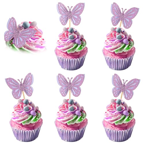 YUXIANLB 48 Stück Schmetterling Cupcake Topper Zusammengebaute Doppelschicht Cupcake Topper 3D Glitzer Schmetterling Geburtstagstorten Topper Geburtstagsparty Tortendekorationen für Babyparty Kinderge von YUXIANLB