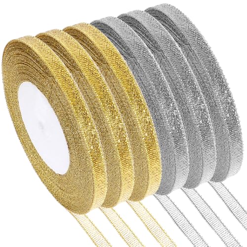 YUXIANLB 6 Rollen Glitzer-Metallic-Band, 0,6 cm X 22 m, Gold/Silber, glitzerndes Stoffband zum Verpacken von Geschenken, für Hochzeiten, Geburtstage, Weihnachten, Festdekorationen, DIY-Bastelprojekte von YUXIANLB