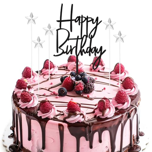 YUXIANLB DIY Happy Birthday Cake Topper Schwarz Acryl, Set aus 1 Schwarzem Happy Birthday Cake Topper, 5 Stück Silberne Stern Cake Cupcake Topper von YUXIANLB