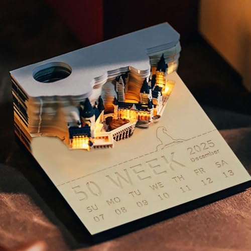 3D-Notizblock, 2025 Schreibtischkalender, Memo-Block mit LED-Lichtern, 3D-Magic-Schloss, Wochenkalender, Notizblock, kreativer Schreibtischkalender, DIY-Papierschnitzerei, Kunsthandwerk für Zuhause, von YUYQAQ