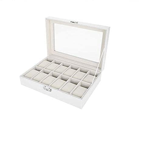 YUYTE Uhrenbox, Uhrenkasten mit Glasdeckel, Uhrenschatulle mit 12 Fächern, Uhren Aufbewahrungsbox, Minimalistisches Design Schmuckschatulle, White Watch Aufbewahrungsbox, Schmucketui Pu Leder(Weiß) von YUYTE