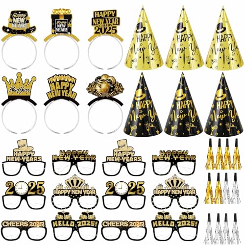 Silvester Party Supplies 2025 - 36 Stück, Happy New Year Dekorationen Pack enthalten 6 Stirnband-Tiaras, 6 Kegelhüte, 12 Neujahrsbrillen und 12 Geräuschmacher für Neujahrsparty von YVAINE