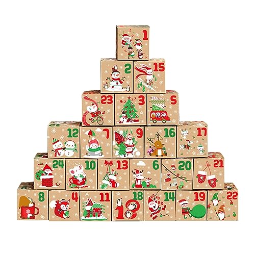 Basteln Weihnachten Weihnachts-Adventskalender, Süßigkeitenboxen, Countdown, Kraftpapier, Geschenkboxen, Party, Geschenkpapier, Papierbox, 24 Stück (Khaki-E, One Size) von YWJewly