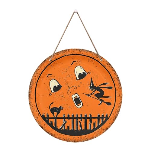 Deko Herbstdeko Halloween Dekoration Kürbis Fledermaus Holz Runde Zeichen Hexe Türschild Party Layout (A-Orange, 20x20cm) von YWJewly