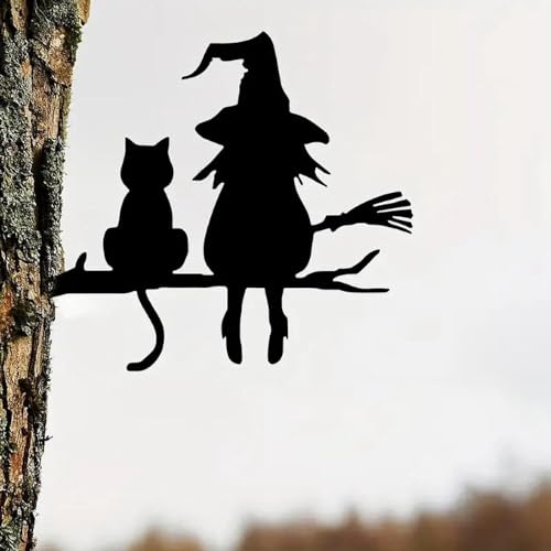 Gothic Deko Hexe und Katze Halloween-Pfahl Hexe Katze Gartenschild | Halloween-Dekoration für draußen | Katzendekor aus schwarzem Metall für den Außenbereich, für den Garten, (2-Black, 25X20CM) von YWJewly