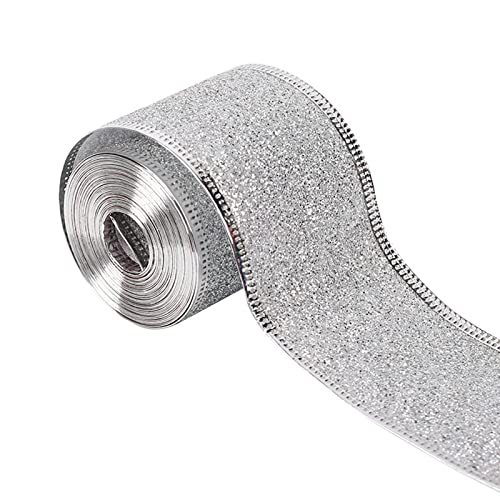 Weihnachten Basteln Breites, schimmerndes Weihnachtsband mit goldverdrahtetem, glitzernde metallische Geschenkverpackungsbänder für Weihnachtsgeschenkverpackungen, Wintersaison, (Silver-2, One Size) von YWJewly