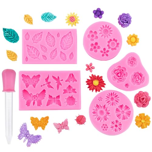 3D Blume Silikon Seifen Form, 5 Stück Silikonform Blüten Mit 1 Tropfern, Fondant Formen Rosen, Silikonformen Fondant für Gänseblümchen Blumen Schmetterling Blätter Sonnenblume von YWKJDDM