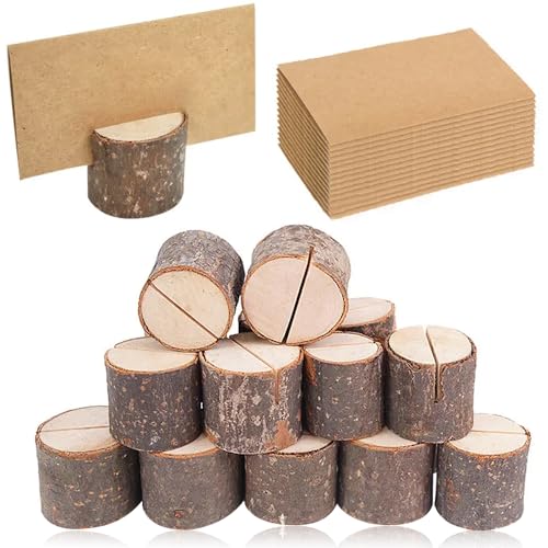 YWKJDDM Kartenhalter Holz, 20 Stück Rustikale Tischkartenhalter Holz mit 20 Kraftpapier, Platzkartenhalter Memohalter Holz Holz Kartenhalter für Hochzeit Deko von YWKJDDM