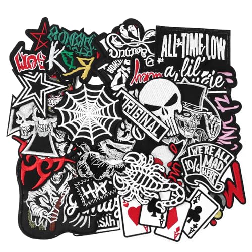 30 Stück zufällig sortierte coole Punk-Stickerei-Flicken zum Aufnähen / Aufbügeln für Kleidung, Jacken, Jeans, Hüte, DIY-Zubehör (30-teiliges Punk-Stil-Set) von YWLI