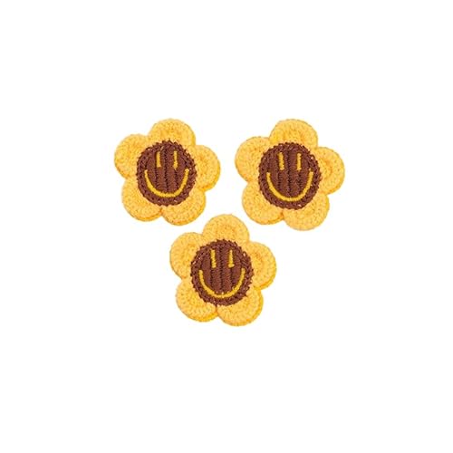 YWQHS 30 Stück 4 cm Blumen-Smiley-Gesicht, handgefertigte Häkelapplikationen, Häkelblumen-Aufnäher, kleine Stickapplikationen zum Aufbügeln für Kleidung von YWQHS