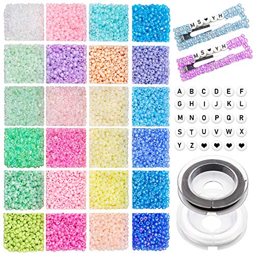 4800 Stück 3 mm 8/0 Perlen-Bastelset, Glas-Rocailles, kleine Bastelperlen, Glas-Pony-Perlen und 270 Buchstaben-Alphabet-Perlen mit 2 Rollen Schnur für DIY-Armbänder, Halsketten, von YXBZKGDCNG