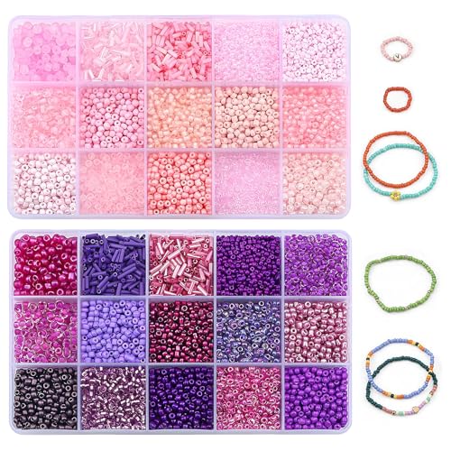 Glasperlen mit 30 Fächern, Stickperlen, kleine Röhren, Stiftperlen, kleine Perlen, Abstandshalter-Set, Freundschafts-Pony-Perlen für Armbandherstellung, Basteln, Schmuck (lila, rosa) von YXBZKGDCNG