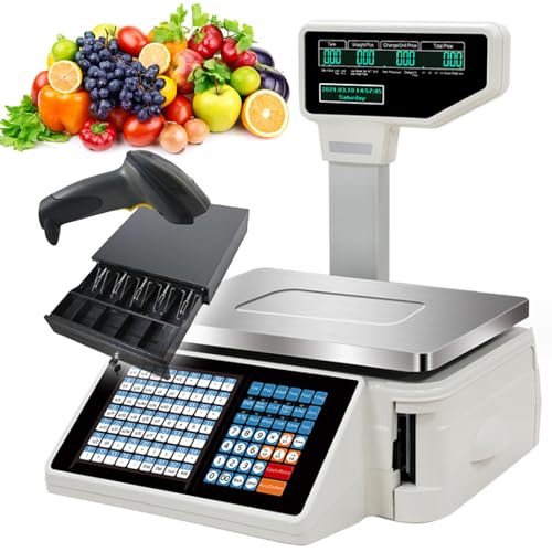 YXFAZPP Etikettendruckwaage, Digitale Barcode-Waage, 63 Tastenkombinationen, kommerzielle Etikettendruckwaage für Supermarkt/Einzelhandelsgeschäft/Lager (Machine+Gun+cashbox) von YXFAZPP