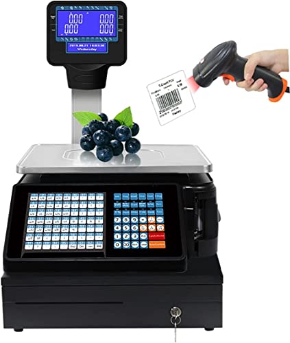 YXFAZPP Etikettendruckwaage, Digitale Barcode-Waage mit Stangenanzeige, Dual-Display auf der Rückseite, Registrierkasse, Etikettendruckwaage, Stangenanzeige, 30 kg/60 lbs von YXFAZPP