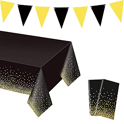 YXHZVON 2 Stück Party Tischdecken, Schwarz mit Gold Dot Rechteckige Tischdecke und Dreieck Flagge für Hochzeiten Weihnachten Geburtstag Picknick (137 x 274 cm) von YXHZVON