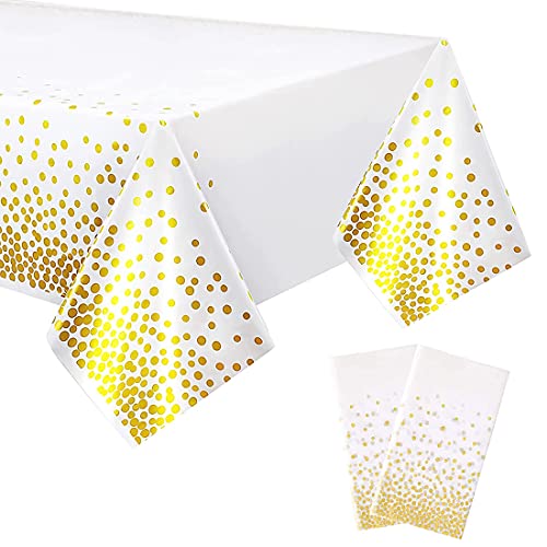 YXHZVON 2 Stück Party Tischdecke Einweg, Plastik Tischdecke Weiß Gold Dot Geburtstag Tischdecke für Abschlussfeier Jahrestag Hochzeit Einweihungsparty (137 x 274 cm) von YXHZVON