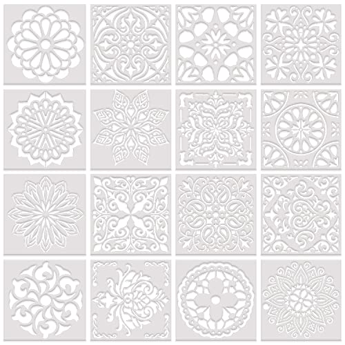 YXHZVON 16 Stück Mandala Schablone, Wiederverwendbare Mandala Dotting Zeichenschablonen Malvorlage Basteln Fliesen Vintage Schablonen für DIY Wände Kunst Malschablonen (15 x 15 cm) von YXHZVON