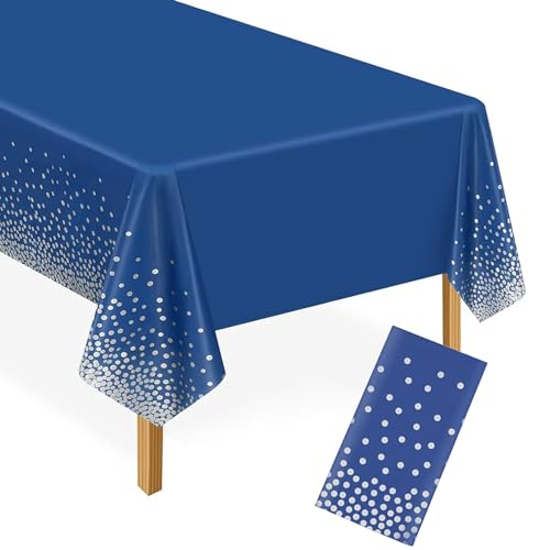 YXHZVON Dot Tischdecken, Blau Konfetti Party Tischdecken Silber Dot Rechteckige wasserdichte Einweg Tischdecken für Party Picknick Geburtstag Jubiläum 137 x 274cm von YXHZVON