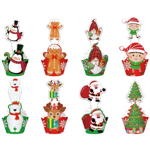 YXHZVON Weihnachten Tortendekoration, 48 Stück Weihnachts Cupcakes und Cupcake Toppers, Weihnachtsmann Rentier Lebkuchenmann Kuchendekoration Muffin Deko für Weihnachten Party von YXHZVON