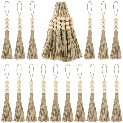 YXJDWEI 30pcs Strickquaste Jute Quaste mit 3 Holz Perlen für Schmuckherstellung DIY Projekte Zimmer Party Hochzeit Deko von YXJDWEI