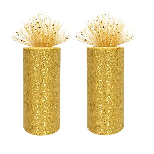 YXJDWEI Glitzer Tüll Dekostoff Tüllband Tischläufer Tischband 15cm X 25 Yards pro Rolle für Tutu Hochzeit Tischdeko Geschenkband (Gold, 2 Rollen) von YXJDWEI