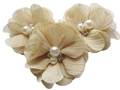 YYCRAFT 20 Stück Chiffon Blumen mit Strass und Perlen Hochzeit Dekoration/Haar Accessoire Handwerk/Nähen Craft(Beige,5cm) von YYCRAFT