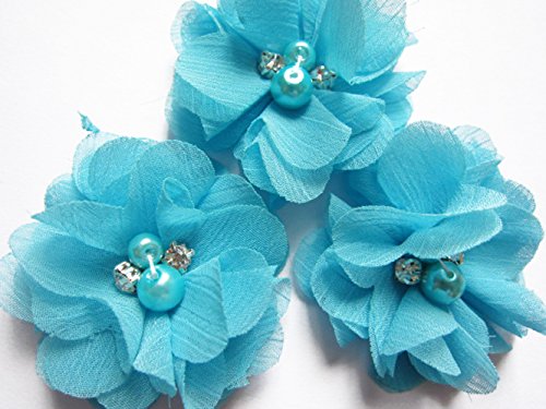 YYCRAFT 20 Stück Chiffon Blumen mit Strass und Perlen Hochzeit Dekoration/Haar Accessoire Handwerk/Nähen Craft(Island Blue,5cm) von YYCRAFT