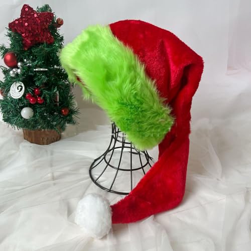 YYCRAFT Lange Weihnachtsmannmütze, Deluxe-Weihnachtsmütze für Erwachsene, Unisex, Neujahr, festliche Party, Weihnachtszubehör, 1 Packung, Rot/Limettengrün von YYCRAFT