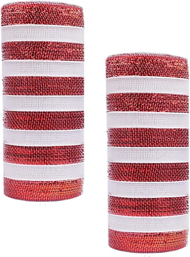 YYCRAFT Metallisches Poly-Mesh-Band, 25,4 cm, insgesamt 20 m, Weiß/Rot, 2 Stück von YYCRAFT