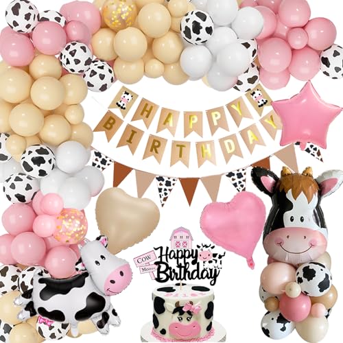 YYDSXK Geburtstagsdeko Mädchen, Rosa Kuh Deko Geburtstag Set mit Happy Birthday Banner, Kuchendeko, Kuh und Stern Folienballons, Kuh Party Luftballons für Baby Shower, Mädchen Junge Geburtstag Deko von YYDSXK