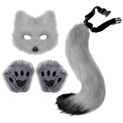 YYGJYGOO 2024 Fuchskostüm Halloween Fuchsschwanzkostüm für ausgefallene Verkleidung, Fuchsohren und Schwanz, Fuchsohren und Schwanz Set(Grey) von YYGJYGOO