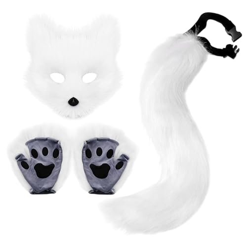 YYGJYGOO Fuchs-Kostüm, Halloween-Maske, Tier-Cosplay-Kostüm-Set für Anime-Verkleidungszubehör, Halloween, Weihnachten, Verkleidung, Karneval, Rollenspiele, Partyzubehör(04 White) von YYGJYGOO