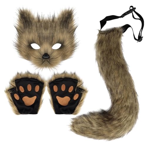 YYGJYGOO Fuchs-Kostüm, Halloween-Maske, Tier-Cosplay-Kostüm-Set für Anime-Verkleidungszubehör, Halloween, Weihnachten, Verkleidung, Karneval, Rollenspiele, Partyzubehör(05 Khaki) von YYGJYGOO