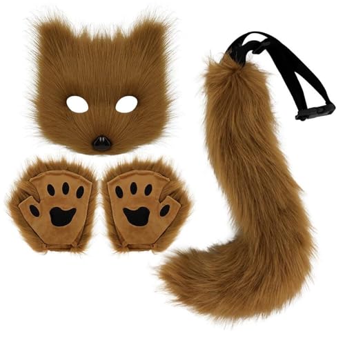 YYGJYGOO Pelziges Fuchs-Wolf-Cosplay-Set mit Maske, Schwanzpfotenhandschuhen, Pelztiermasken, Maskenballmaske, Pelzkostüm für Halloween, Cosplay, Anziehparty-Requisiten(Brown) von YYGJYGOO