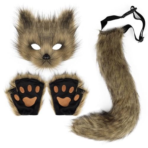 YYGJYGOO Pelziges Fuchs-Wolf-Cosplay-Set mit Maske, Schwanzpfotenhandschuhen, Pelztiermasken, Maskenballmaske, Pelzkostüm für Halloween, Cosplay, Anziehparty-Requisiten(Grass Yellow) von YYGJYGOO