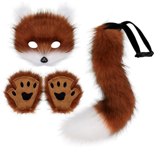 YYGJYGOO Pelziges Fuchs-Wolf-Cosplay-Set mit Maske, Schwanzpfotenhandschuhen, Pelztiermasken, Maskenballmaske, Pelzkostüm für Halloween, Cosplay, Anziehparty-Requisiten(Red Brown White) von YYGJYGOO