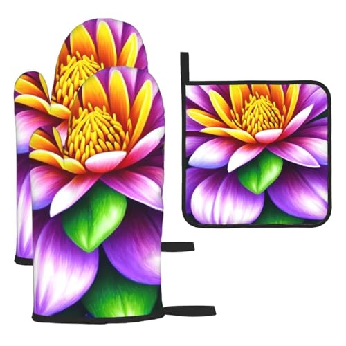 YYHHAOFA Kitchen Baking Set of 3 - Durable Waterproof Oven Mitts and Pot Holder Set for Anti-Scalding and Heat Insulation Flower Diamond Painting Printing von YYHHAOFA