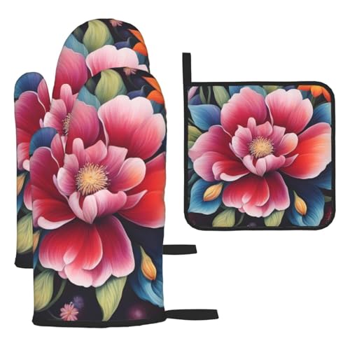 YYHHAOFA Kitchen Baking Set of 3 - Durable Waterproof Oven Mitts and Pot Holder Set for Anti-Scalding and Heat Insulation Flower Diamond Painting Stamp von YYHHAOFA