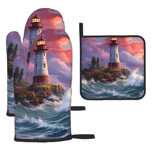 YYHHAOFA Kitchen Baking Set of 3 - Durable Waterproof Oven Mitts and Pot Holder Set for Anti-Scalding and Heat Insulation Lighthouse Diamond Painting Printing von YYHHAOFA