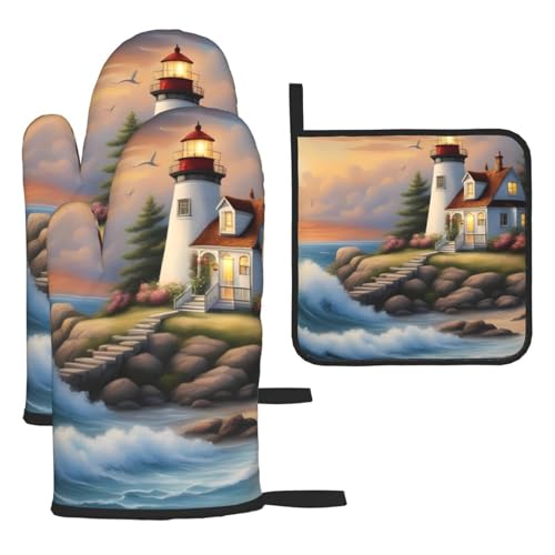 YYHHAOFA Kitchen Baking Set of 3 - Durable Waterproof Oven Mitts and Pot Holder Set for Anti-Scalding and Heat Insulation Lighthouse Diamond Painting Printing von YYHHAOFA