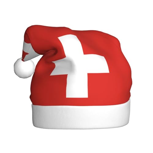 YYHHAOFA Weihnachtsmütze für Erwachsene - Hochwertiger Plüschstoff Weihnachtsmannmütze mit flauschigem Rand und Ball Schweizer Flagge bedruckt von YYHHAOFA