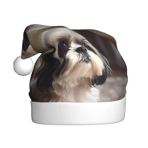 YYHHAOFA Weihnachtsmütze für Erwachsene - Hochwertiger Plüschstoff Weihnachtsmannmütze mit flauschigem Rand und Ball Shih Tzu Hund bedruckt von YYHHAOFA