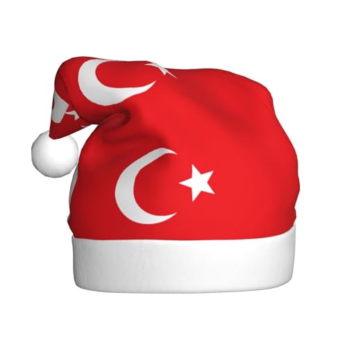 YYHHAOFA Weihnachtsmütze für Erwachsene - Hochwertiger Plüschstoff Weihnachtsmannmütze mit flauschigem Rand und Ballflagge der Türkei bedruckt von YYHHAOFA