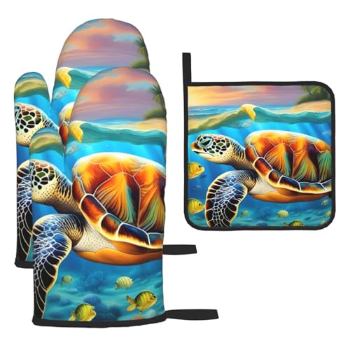 YYHWHJDE Kitchen Baking Set of 3 - Oven Mitts and Topflappen for Anti-Scalding Heat Insulation Sea Turtles Diamond Painting Printing von YYHWHJDE